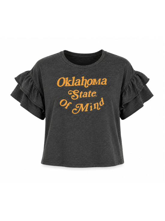 Livy Lu Tops - LivyLu Women’s Oklahoma Ruffle Sleeve Graphic Tee Sz L Charcoal Heather Gray OSU
